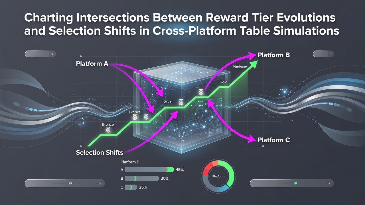 Cross-platform table simulation dashboard showing reward tier progressions alongside player selection metrics across mobile and desktop interfaces