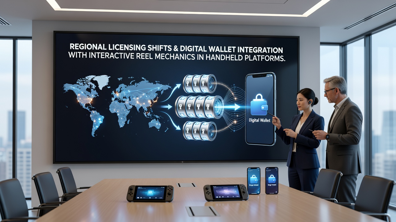 Digital wallet integration diagram showing reel mechanics on mobile handheld devices across different licensing regions