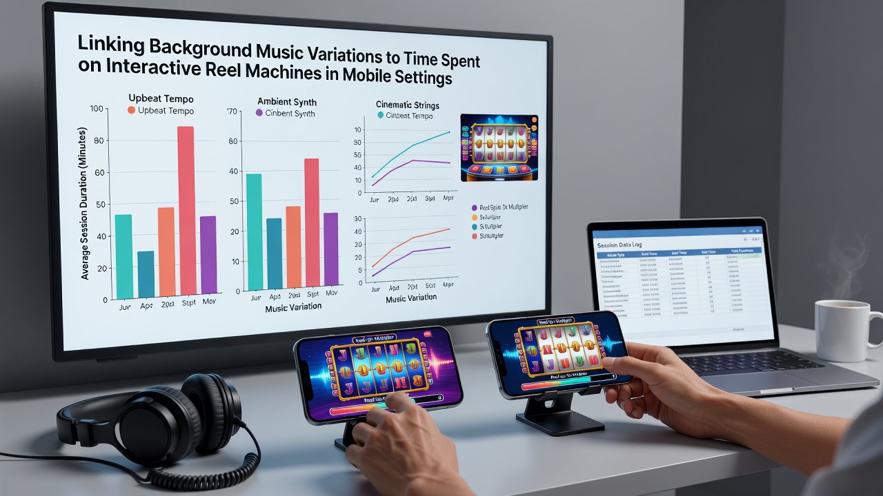 Close-up of mobile device showing reel game interface with music customization options active