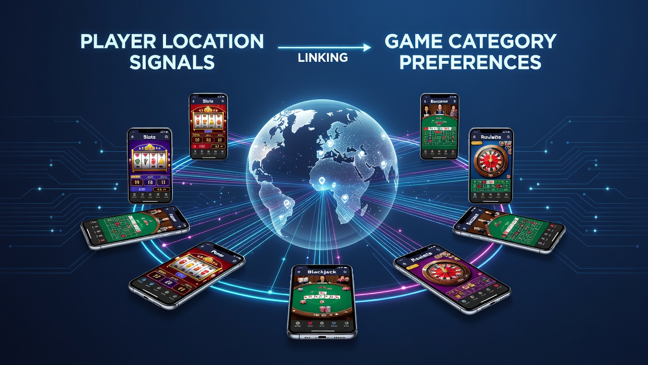 Smartphone displaying casino app interface with location-based game recommendations overlaid on a map