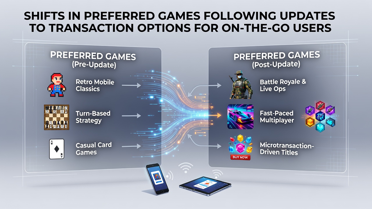 Mobile gaming interface showing updated transaction options and game selection screens for on-the-go users