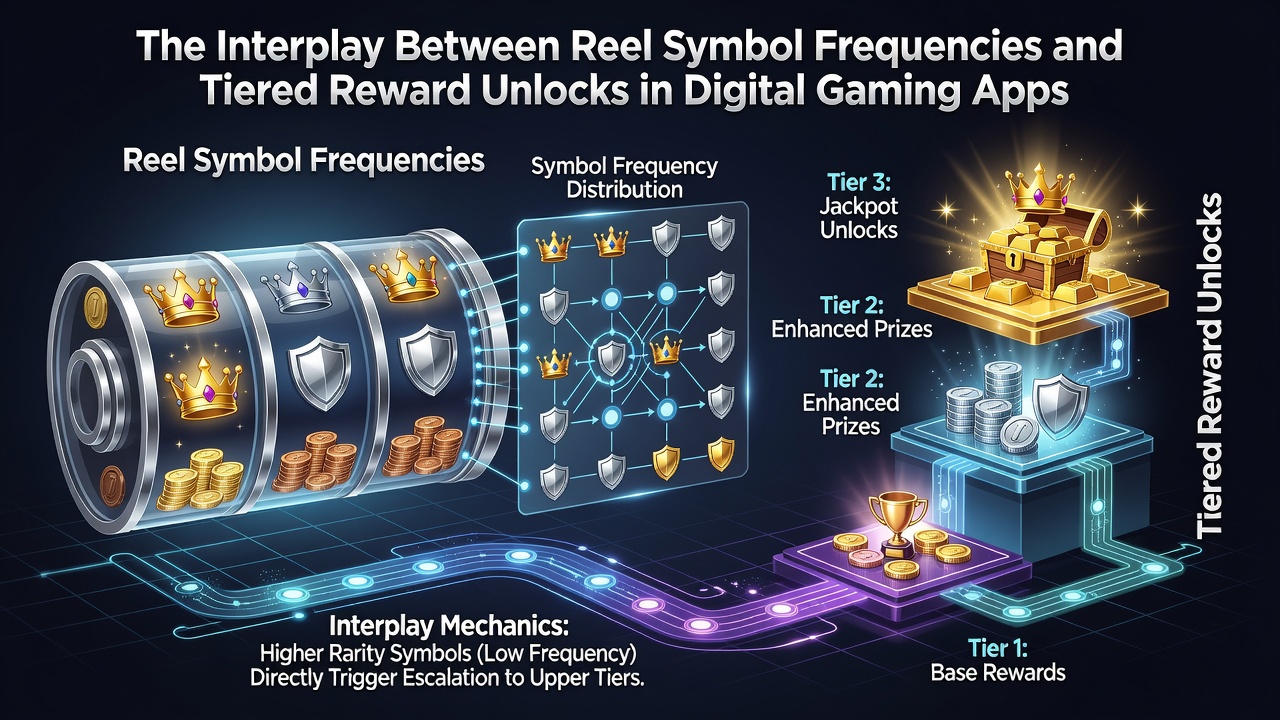 Reel symbols arranged on digital slot interfaces showing frequency distributions and reward tier indicators