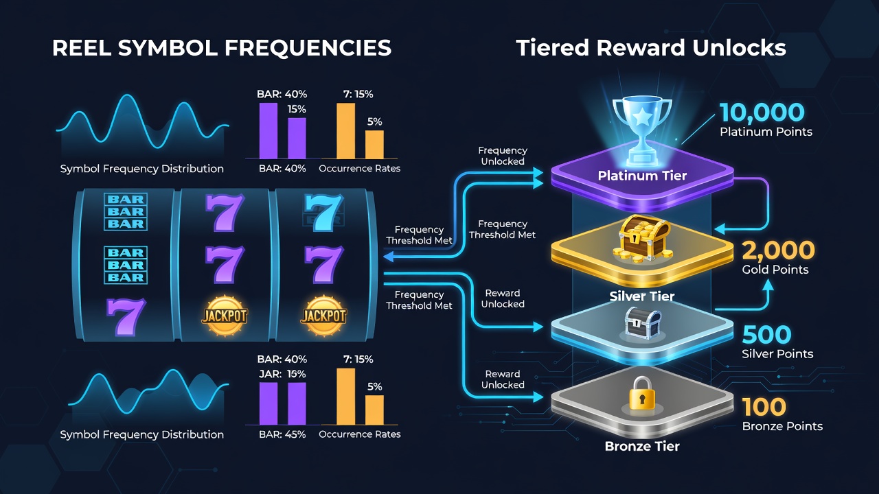Tiered reward progression screens overlaid on reel spin results illustrating unlock thresholds